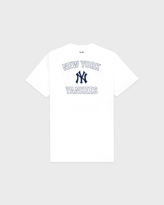 White t-shirt with New York Yankees logo on a light gray background