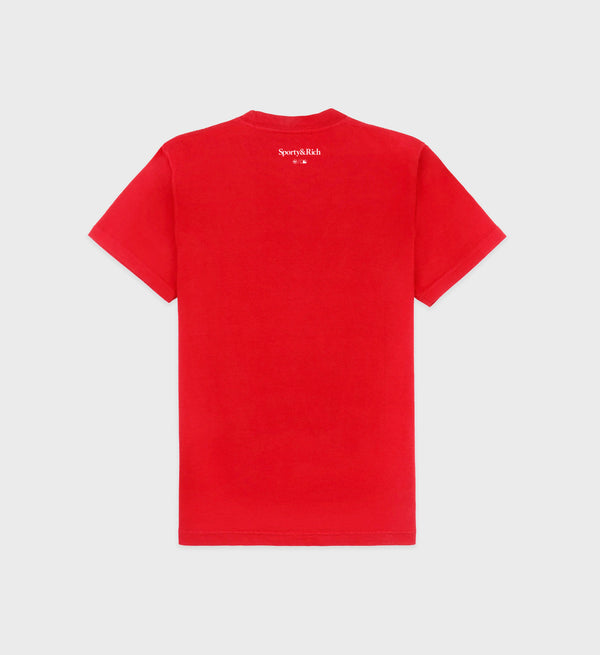 Red t-shirt with a brand logo on the back against a light gray background