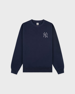 Navy blue sweatshirt with a logo on a light gray background