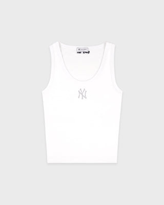 White tank top with a logo on a light gray background