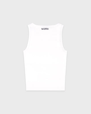 White tank top with a brand logo on a light gray background