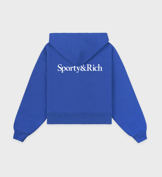 Blue hoodie with 'Sporty&Rich' logo on the back against a light gray background