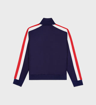 Navy blue jacket with red and white stripes on sleeves and cuffs against a light gray background