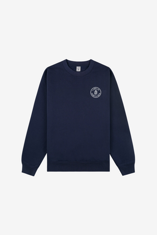 Cadillac x Sporty & Rich Payton Sweatshirt in navy blue, featuring a small white circular logo on the left chest, displayed on a white background.