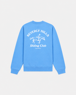 True blue Emmett Bh Riding Club Crewneck featuring a white graphic of a horse and rider on the left chest.