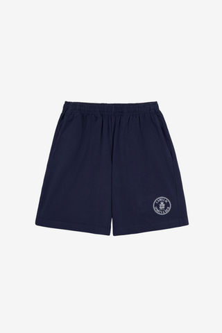Navy blue Cadillac x Sporty & Rich Franko Gym Shorts featuring an elastic waistband and a small white circular logo on the left leg, crafted from premium USA-grown cotton in a court-inspired silhouette for the perfect blend of comfort and sporty style.