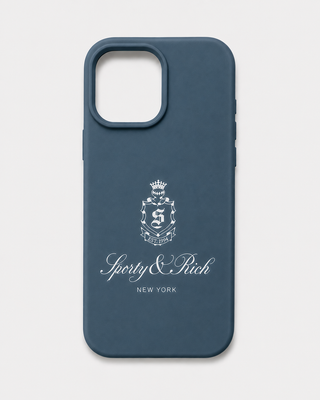 Navy blue iPhone 15 Case - Vendome Logo Navy silicone case with a white Sporty & Rich New York crest logo.