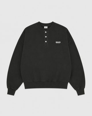 Heather grey Ayla S&R Bold Logo Henley sweatshirt featuring a button-front placket and chest logo.