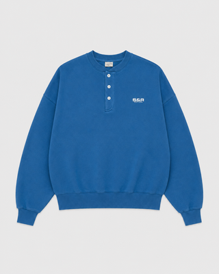 Heather grey Ayla S&R Bold Logo Henley sweatshirt featuring a button-front placket and chest logo.