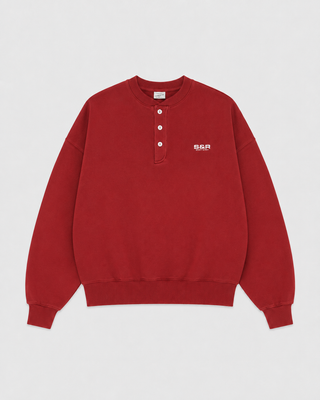 Heather grey Ayla S&R Bold Logo Henley sweatshirt featuring a button-front placket and chest logo.