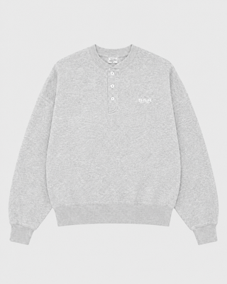 Heather grey Ayla S&R Bold Logo Henley sweatshirt featuring a button-front placket and chest logo.