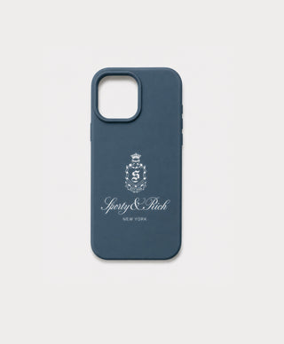 Navy blue iPhone 15 Case - Vendome Logo Navy silicone case with a white Sporty & Rich New York crest logo.