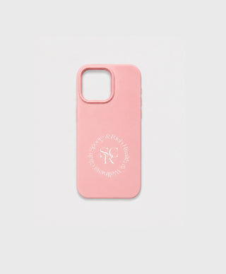 IPhone 15 Case SRC Logo - Ballet in pale pink with a circular white Sporty & Rich Health & Wellness Club logo.
