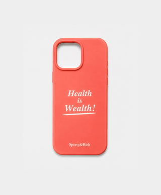 Red silicone iPhone 15 Case - Health is Wealth Logo with Health is Wealth! printed in white.