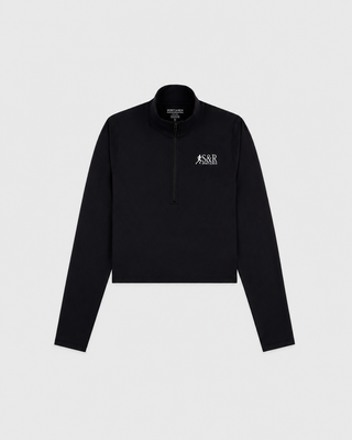 A black long-sleeve quarter-zip pullover with a mock neck collar, featuring a small white embroidered logo on the left chest, displayed on a light gray background.