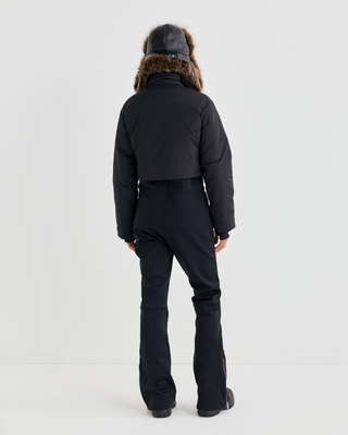 Dulce Bold Logo Hooded Ski Suit in black with a front zipper and red piping accents.