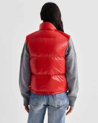 Red Devano Bold Logo Mountain Puffer Vest with a high collar and white chest logo in technical nylon.