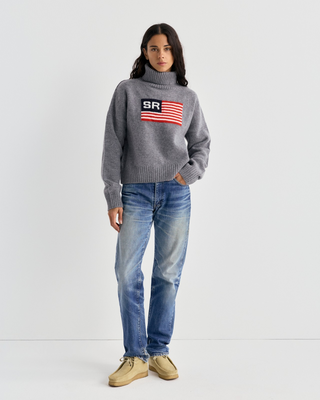 Jara SR Flag Wool Turtleneck in Medium Heather Gray: a gray knitted cropped turtleneck with US flag and SR back art.