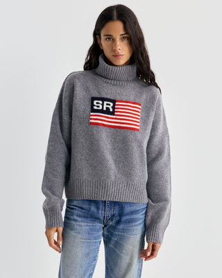 Jara SR Flag Wool Turtleneck in Medium Heather Gray: a gray knitted cropped turtleneck with US flag and SR back art.