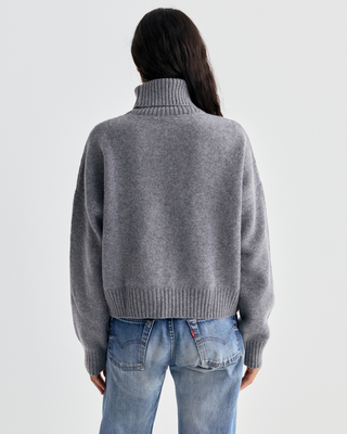Jara SR Flag Wool Turtleneck in Medium Heather Gray: a gray knitted cropped turtleneck with US flag and SR back art.