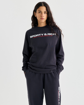 Black long-sleeved 100% cotton Flyod Bold Health Longsleeve - Black with SPORTY & RICH HEALTH & WELLNESS CLUB printed.