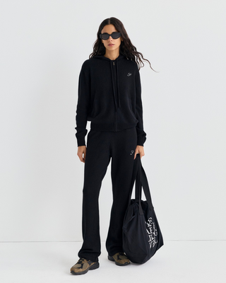Black Isac S Logo Cashmere Zip Hoodie with a drawstring hood and an embroidered chest logo.