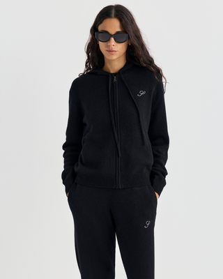 Black Isac S Logo Cashmere Zip Hoodie with a drawstring hood and an embroidered chest logo.