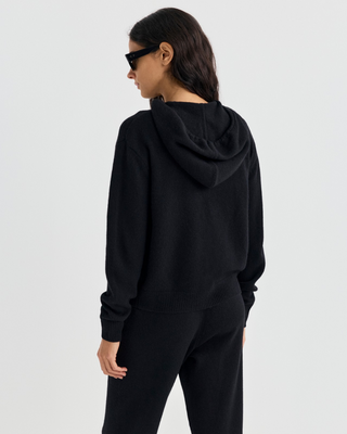 Black Isac S Logo Cashmere Zip Hoodie with a drawstring hood and an embroidered chest logo.