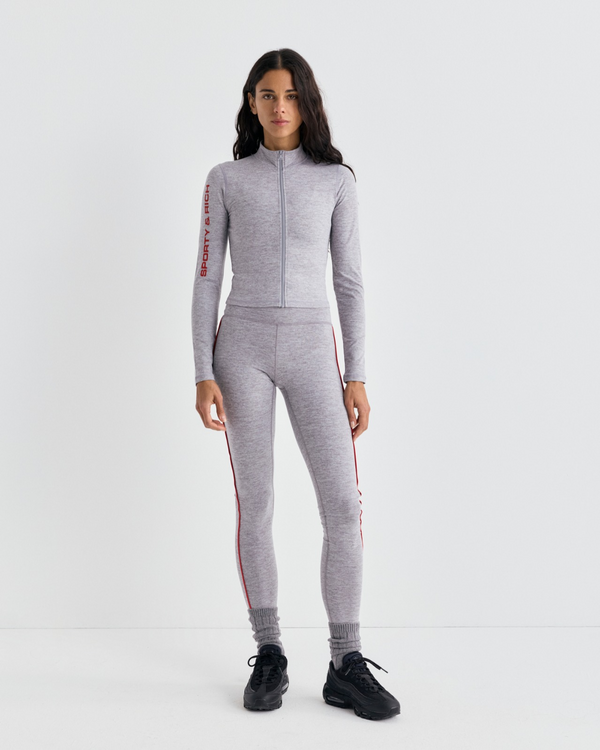 Bora Bold Logo Legging - Medium Heather Gray/Rosso high-waisted leggings with thin red vertical side stripes.