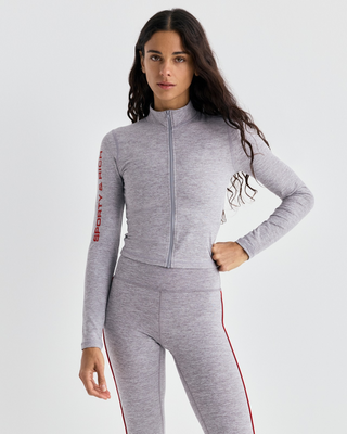 Freya Bold Logo Sports Jacket in medium heather gray with a zip-up front and red text on the right sleeve.