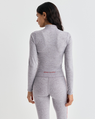 Freya Bold Logo Sports Jacket in medium heather gray with a zip-up front and red text on the right sleeve.