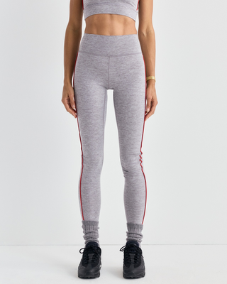 Bora Bold Logo Legging - Medium Heather Gray/Rosso high-waisted leggings with thin red vertical side stripes.