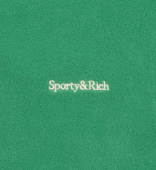 The Buttoned Polar Sweatshirt - Kelly/Cream features cozy green fleece and central white embroidered Sporty & Rich text, making it the perfect choice for winter comfort.