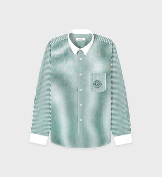 The Connecticut Crest Striped Shirt - Forest features green and white vertical stripes, premium cotton poplin, a white collar, cuffs, chest pocket, and is crafted in Portugal.