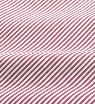 Close-up of red and white diagonal stripes on cotton poplin fabric with a visible seam, featured on the Connecticut Crest Striped Shirt - Merlot.