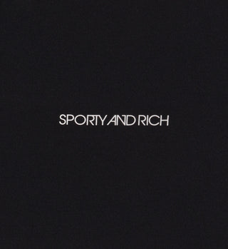 Centered white SPORTY AND RICH text appears on a plain black background, evoking the sleek design of the Cropped Tank N.03 - Black sports top.