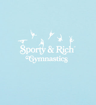The SR Gymnastics T-Shirt - Baby Blue features white Sporty & Rich Gymnastics text and gymnast silhouettes on 100% cotton. Made in the USA for comfort and style.