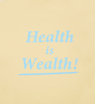 Light yellow Health Is Wealth! tee (blue text), USA-grown cotton, unisex fit, made in LA. Product: Health Is Wealth T-Shirt - Almond/H2O.