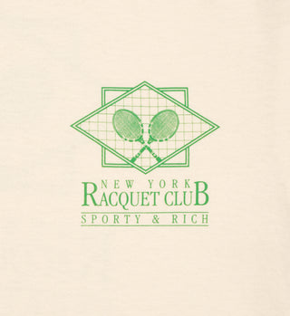 Featuring a green graphic of crossed tennis racquets and New York Racquet Club Sporty & Rich text on cream, the NY Racquet Club T-Shirt - Cream/Verde is made from 100% USA-grown cotton for comfort and timeless style.