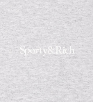 Serif Logo Muscle Tee - Heather Gray/White features Sporty & Rich in white on a light gray, textured background. This unisex tee is made in the USA.
