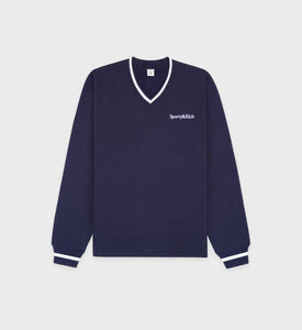 Serif Logo Embroidered V-Neck Sweatshirt - Navy/White