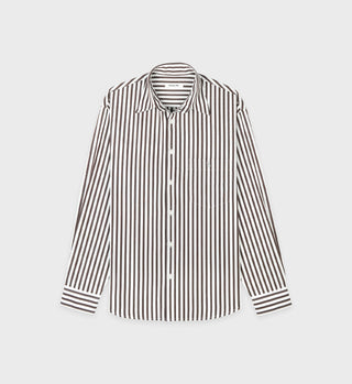The SRC Oversized Shirt - Chocolate Striped is a long-sleeved button-up crafted from cotton poplin with vertical chocolate stripes, made in Portugal and shown on a white background.