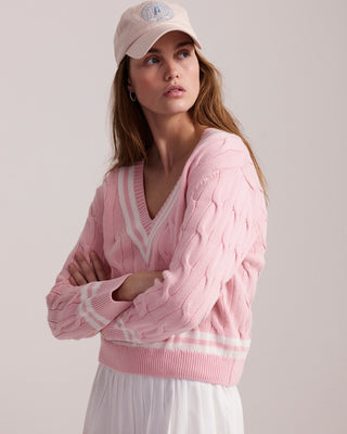 SRC Cableknit V-Neck Sweater - Baby Pink/Cream