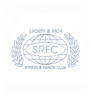 SRFC T-Shirt - White/Steel Blue features a logo with S.R.F.C inside a globe, laurel branches, and Sporty & Rich Fitness & Health Club text. Unisex tee made in the USA.