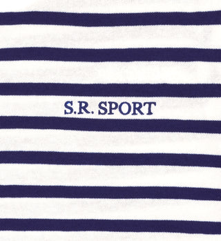 The SR Sport Embroidered Breton T-Shirt - White/Navy features classic navy and white stripes in soft knitted cotton, finished with a blue S.R. SPORT embroidered logo.