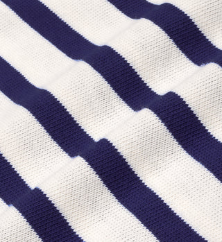 A close-up of the SR Sport Embroidered Breton T-Shirt in White/Navy, showcasing its soft fabric and finely embroidered logo.
