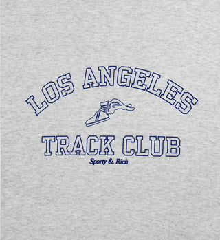 The Track Club Crewneck - Heather Gray is a unisex, USA-made crewneck with blue LOS ANGELES TRACK CLUB text, a winged shoe graphic, and Sporty & Rich below.